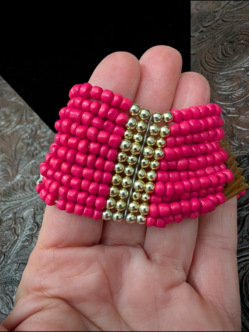 Handmade Hot Pink Beaded Stretch Bracelet with Gold Accent